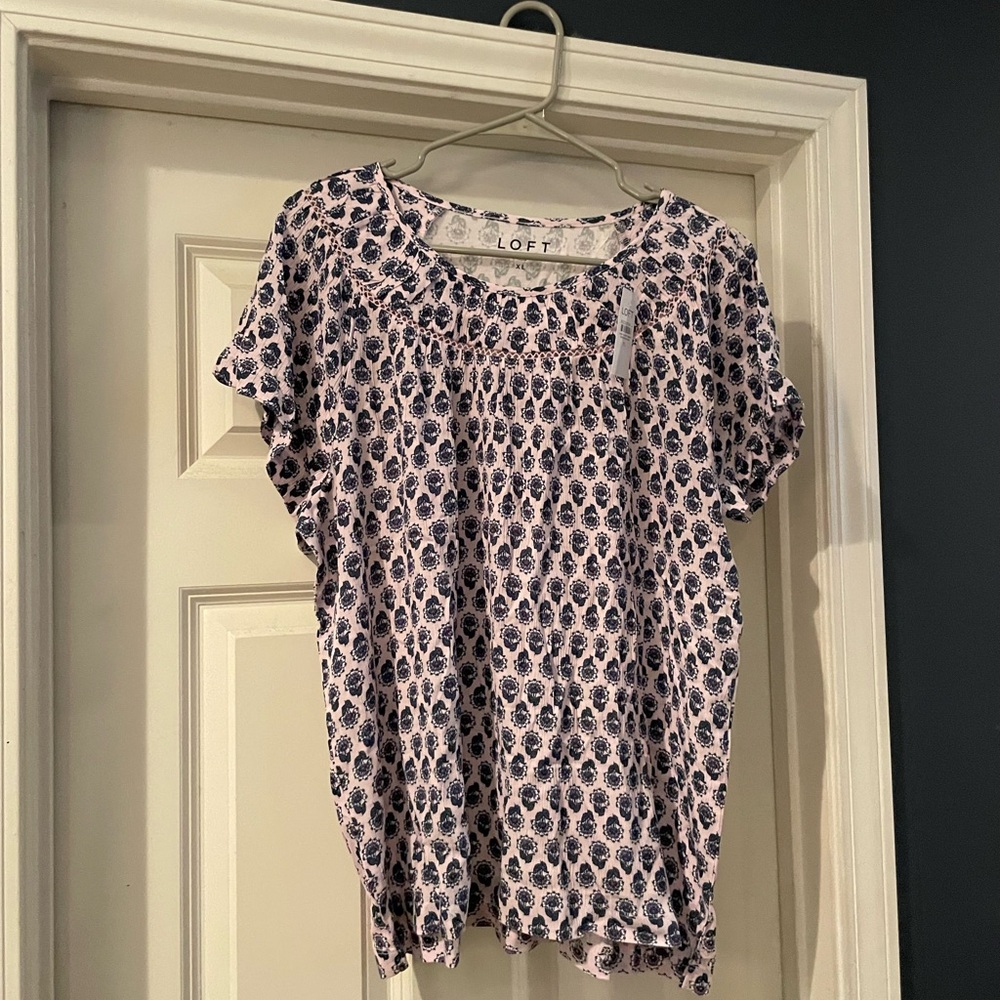 LOFT Blue and Pink Smocked Short Sleeve Blouse